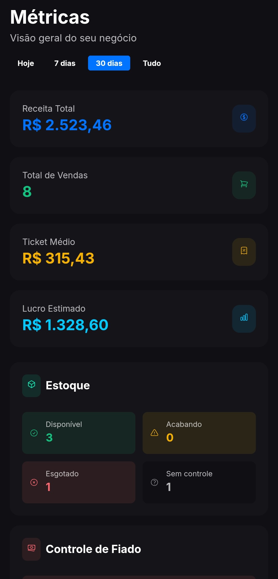 Captura de tela mobile (modo escuro): Métricas e Relatórios